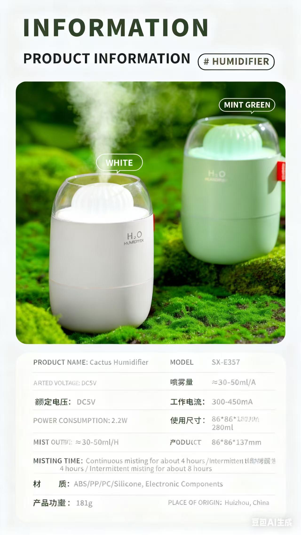 Cactus Mini Humidifier - Small USB Personal Humidifier for Bedside, Desk, Office, and Car | Quiet 360° Mist, Auto Shut-Off, Night Light, Perfect for Dry Air, Sleep, and Plants