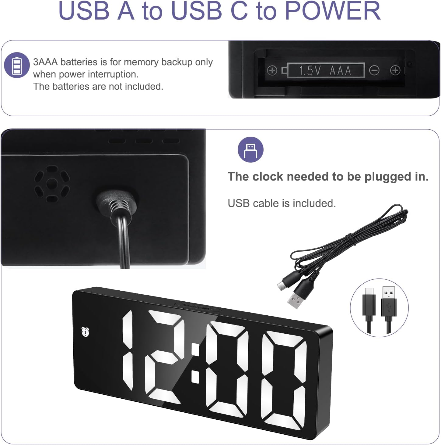 Mini Size Mirror LED Clock Simplicity Colorful Alarm Clocks Ultra Portable Travel Bedroom Bedside Clock 12/24H Display 6.3inches Large Display LED Digital Snooze Time Date Temperature Memory 3 Brightness Adjustable USB/Battery Powered Living Office Desk