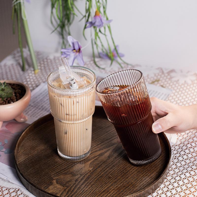 16 oz Ribbed Glass Tumblers with Lids and Glass Straws 1-Piece Glassware Set Thickened Wall Ideal for Iced Coffee Smoothies Cocktails and Juices Elegant and Durable Drinkware