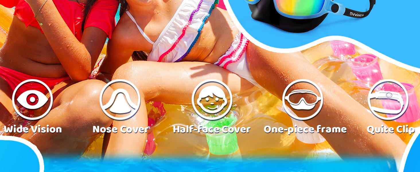 [Spring Shine]Vvinca Kids Swim Goggles with Nose Cover, 2 Pack Wide View Mask Anti-Fog UV No Leak Toddlers Swimming Goggles for Kids 3-6/6-12/12+ (Please refer to the dimension drawing in Figure 2)