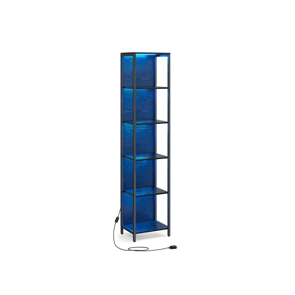 SONGMICS 6-Tier Floor LED Bookshelf with Dimmable LED Lights, Steel Frame, Wood Grain Organiser Racks, Anti-Tip Kit, 1 x Accessory Bag, 1 x 6-Tier Shelf, Ideal for Living Room, Office
