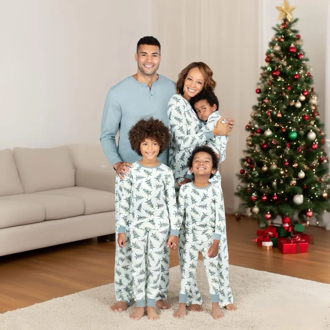 Christmas Tree Print Family Pajama Set, Cozy Lightweight Cotton Blend Pjs with Long Sleeve Top and Bottom for Men, Women, Kids, and Baby, Polyester, Perfect Gift, Party‑Ready Pjs