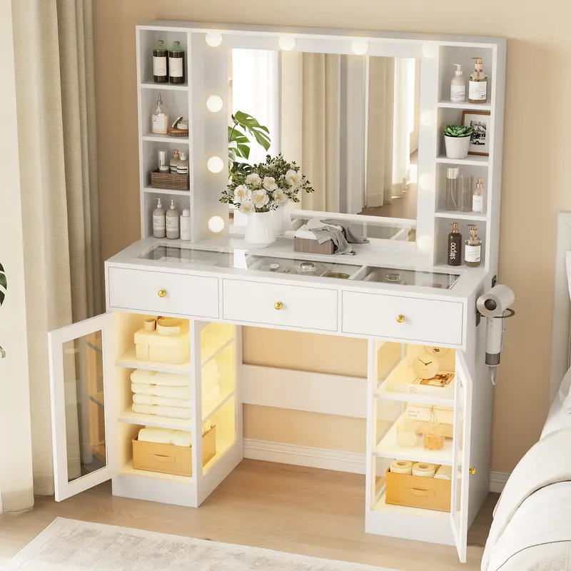 XIXINI Modern Vanity Makeup Desk - Glass Wood All-in-1 Backlit Makeup Vanity, Engineered Wood Dressing Table with Rectangular Glow-Ready Mirror, LED Adjustable Lighting, Power Outlet, 3 Drawers, 2 Cabinets, 8 Storage Shelves for Bedroom