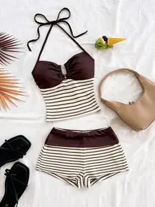 Soleia 2pcs Vacation Casual Striped Knit Texture Metal Buckle Spaghetti Strap Camisole And Shorts Set, Suitable For Party, Valentine's Day, Date Night, Nightclub, Bohemian, Boho, Vacation, Fall Women Clothes, Vintage, Holiday Two Piece Beach Set Two Piec