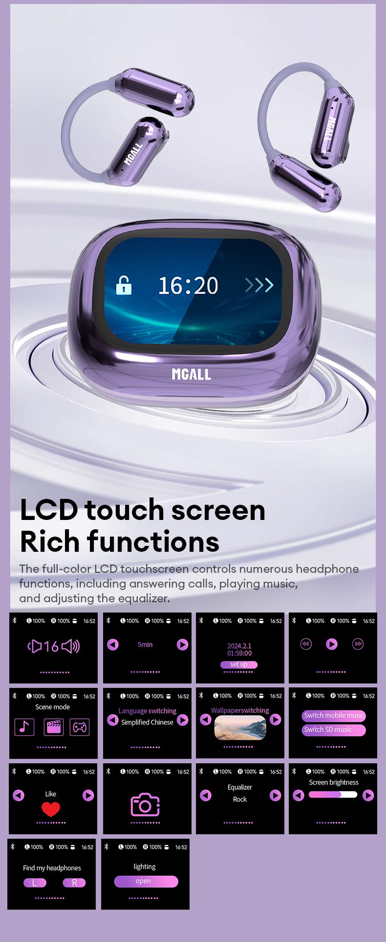 MGALL C18 Open-Ear Wireless Headphones with 2025 Bluetooth 6.0 for Faster, More Stable Connection & Lower Power Use, LED Full-Color Touch Smart Screen, ENC Noise Cancellation, Remote Photography, Anti-Loss Function, Audio Earbuds for Music & Calls