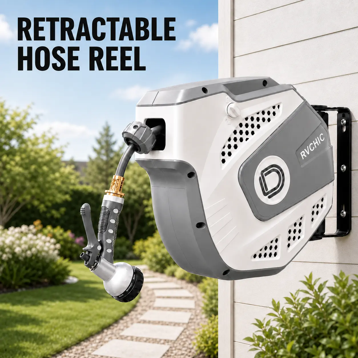 RVCHIC 33FT/65FT Retractable Garden Hose Reel, Wall Mounted Auto Rewind Water Hose Reel with 180° Swivel Bracket, Slow Return System, 9-Pattern Spray Nozzle, Brass Fittings for Car Washing, Yard, Patio, Garden & Pet Cleaning