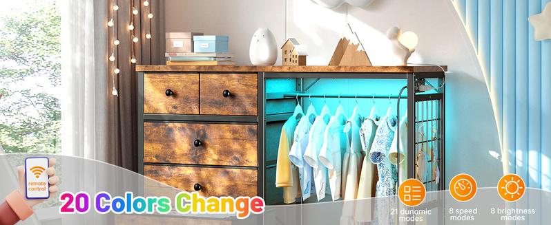 Raybee 49.2"-51.2" White Dresser for Bedroom with Hanging Rack, 6-10 Drawer LED Dresser with Charging Station, Modern Fabric Chest of Drawers with Wooden Top & Grid Panel, Premium Closet Storage Organizer Raybee 49.2"-51.2" White Dresser for Bedroom with Hanging Rack, 6-10 Drawer LED Dresser with Charging Station, Modern Fabric Chest of Drawers with Wooden Top & Grid Panel, Premium Closet Storage Organizer