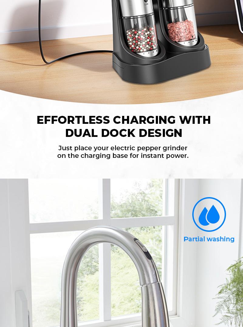 Pukomc Electric Salt & Pepper Grinder Set - 6 Adjustable Coarseness, Rechargeable Base, LED Light, One-Hand Operation, Detachable for Easy Cleaning, Includes 12 Grinders & Accessories Reusable Cooking Kitchen Seasoning Utensils