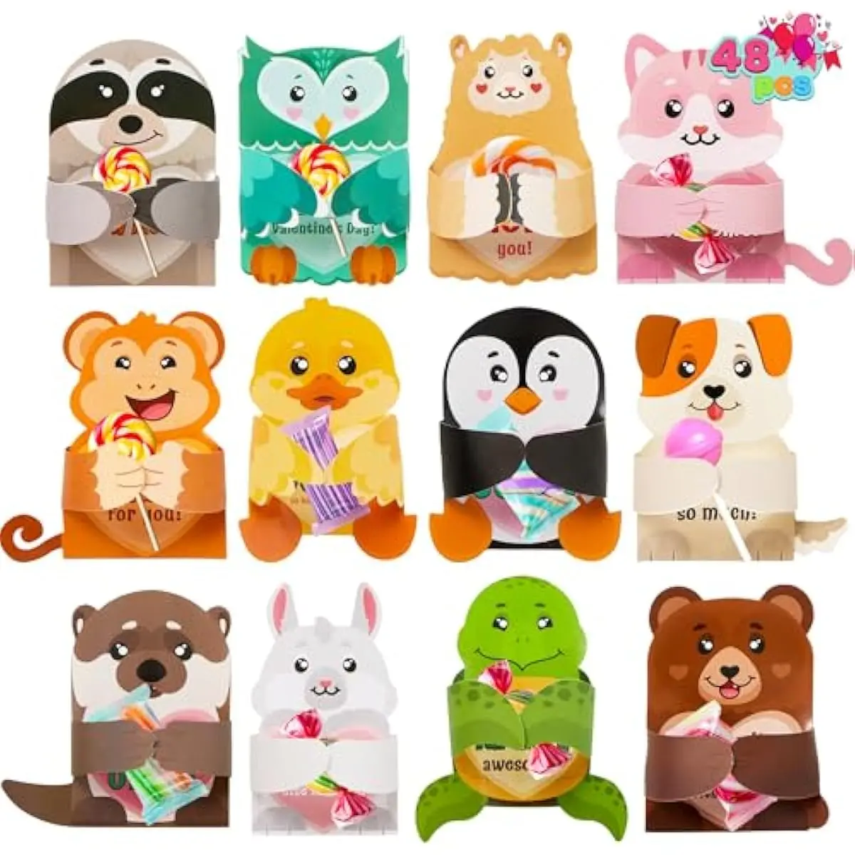 JOYIN 48 Pcs Valentines Day Gifts Cards with Animal Designs,Valentines Greeting Cards Candy Holder Cards for Kids Holiday Reward Prizes, Valentine Classroom Exchange Cards Party Favors (Cards only)