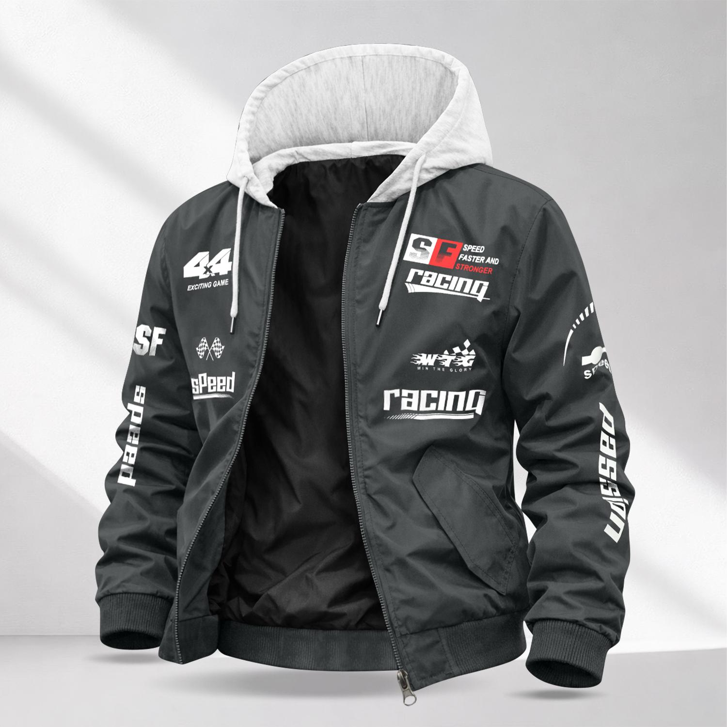 Men’s Letter Print Casual Jacket — Drapey, Wrinkle-Resistant fabric ; Color-Blocked Design with Hood and Drawstring; Retro Racing Style; Perfect for Going Out, Commuting, and Dates; A Stylish, Versatile Outerwear Piece