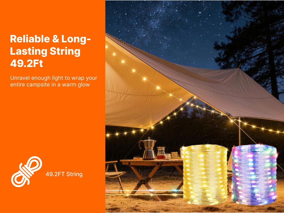 OGERY Solar Camping String Lights, 5400mAh 49.2Ft Retractable LED String Lights, Solar & Battery Powered, Waterproof Emergency Outdoor Lights