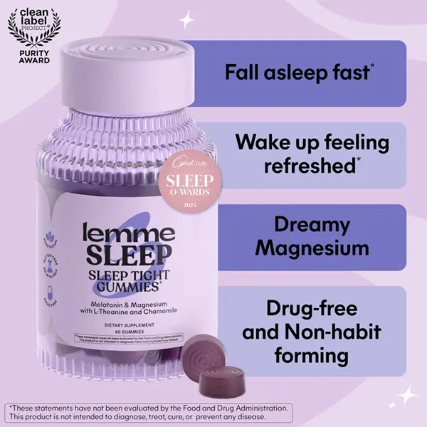 Lemme Sleep Gummies with 5mg Melatonin, Magnesium, L-Theanine, Elderberry, Chamomile & Lavender, Berry Flavor, 60 Count, 30-Day Supply