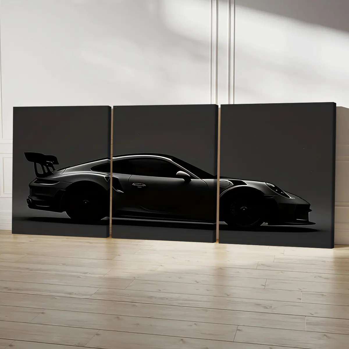Frameless[3pcs Black Sports Car Art] 3pcs High-Quality Frameless Canvas Wall Art - Decorative Artwork, Room Decor, Black Sports Car in Dark Monochromatic Tripty, Sleek Design
