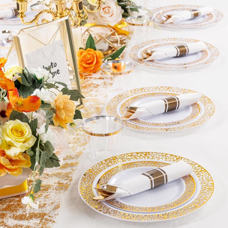 Silver/Gold/Clear/White/Blue Disposable Plates and Silverware Set: Dinner Plates,Dessert Plates, Cups,Napkins,Knife, forks, spoons-Perfect for Party