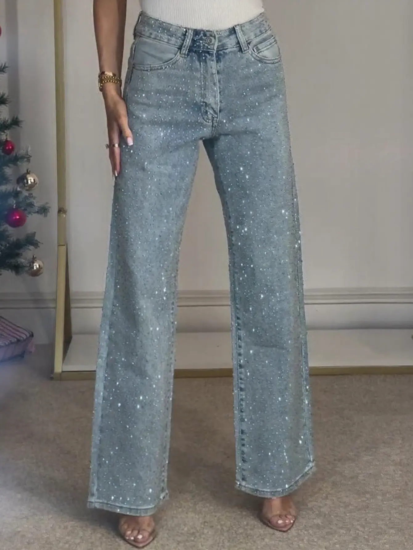 Women’s Rhinestone Wide Leg Jeans, Mid Rise Medium Stretch Light Wash Denim Pants, Sparkly Party Jeans