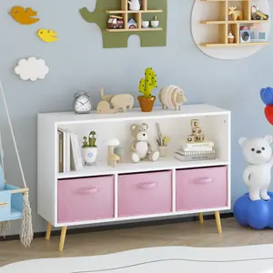 Muro Home bookcase with Collapsible Fabric Drawers Book Display Toy Storage Cabinet Organizer White/Pink