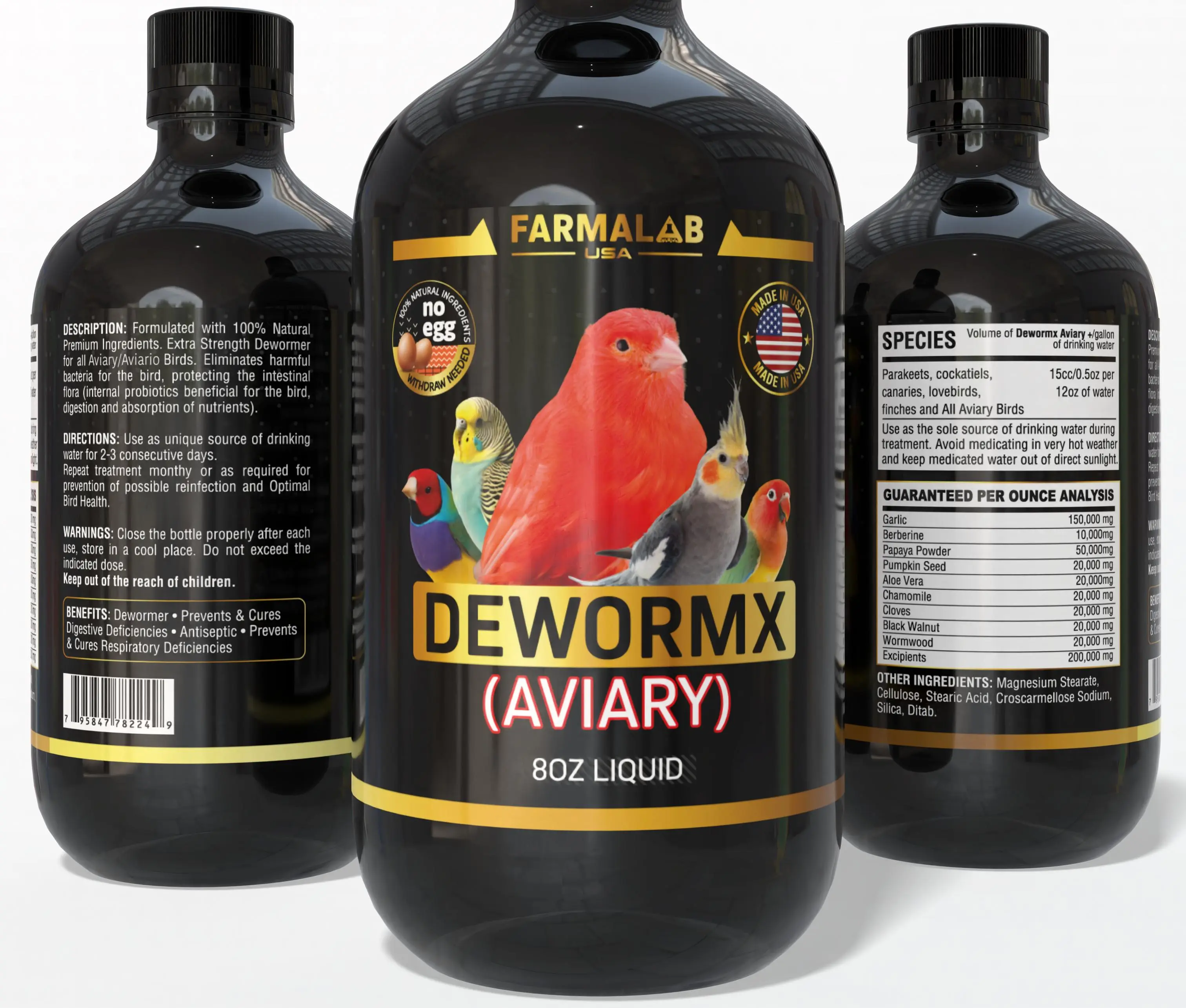 Farmalab DEWORMX Extra Strength Liquid Deworming Supplement Bottle - 2oz, 8oz Options - Supports 24-Month Health & Digestion, Fur & Skin Care - For 6+ Months Small Birds (Budgies, Parakeets, Finches)