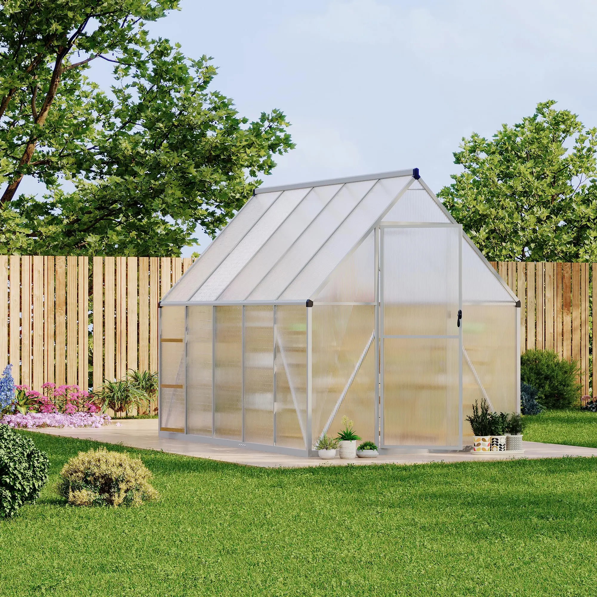 Gaomon 6x9 ft Polycarbonate Walk-in Greenhouse with Aluminium Frame, Plug-in Panels, Adjustable Roof Vent, All Seasons Use, Maximizes Sunlight Intake, Prevents UV Rays, Outdoor Backyard Gardening (109.84 in W x 66.54 in D x 76.77 in H), Assembly Required,