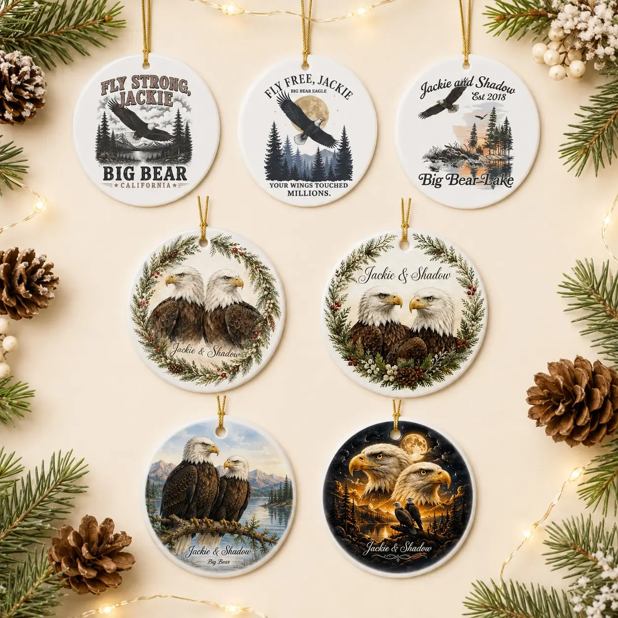 Jackie and Shadow Eagles Ceramic Ornament, Big Bear Lake California Ornament