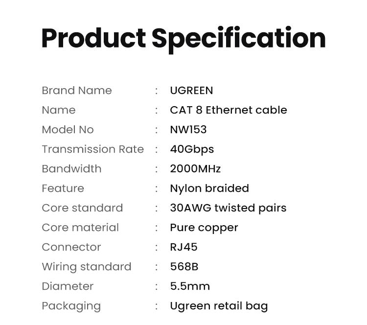 UGREEN Cat 8 Ethernet Cable 6FT, High Speed Braided 40Gbps 2000Mhz Network Cord Cat8 RJ45 Shielded LAN Cables Compatible for Gaming PC Modem Router Noise Streaming Networking Devices，TikTokShopBlackFriday ,TikTokShopHolidayHaul