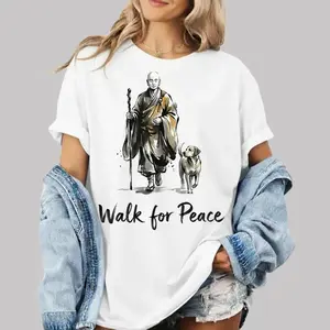 Serene Walk for Peace: Minimalist Zen Art T-Shirt Featuring Meditating Monks and Calm Dog, Vintage Pigment Dyed Oversized Heavyweight Cotton Unisex Tee for Mindfulness, Meditation, and Calm Lifestyle