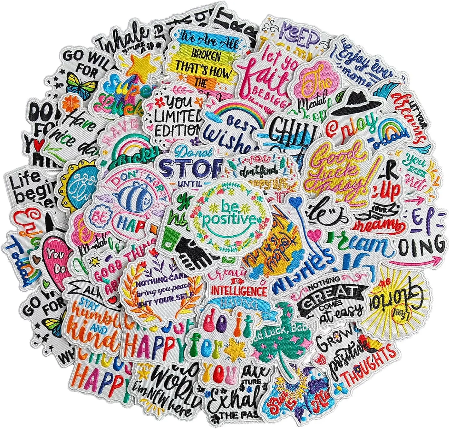 Iron-On Polyester Patches Set with Hot Melt Adhesive - 40 Pcs Random Inspirational Positive Quotes, Ideal for DIY Projects, Clothing, Hats, Backpack Accessories, Iron On Patches, Random Phrases