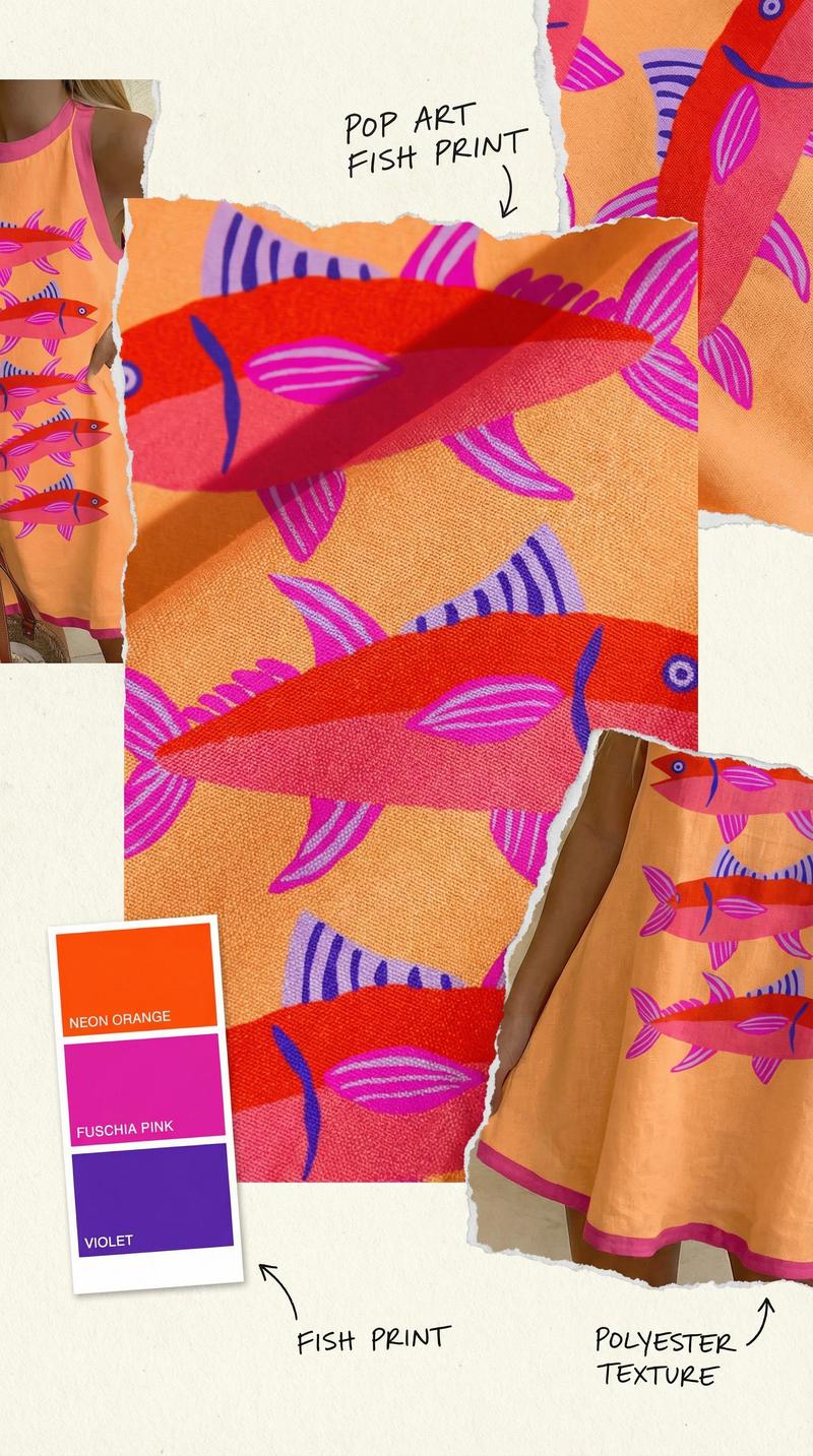 Holiday Fish Print Sleeveless Mini Dress, Pop Style Prints, Cute and Playful Dress, Summer Comfortable Women's Clothing