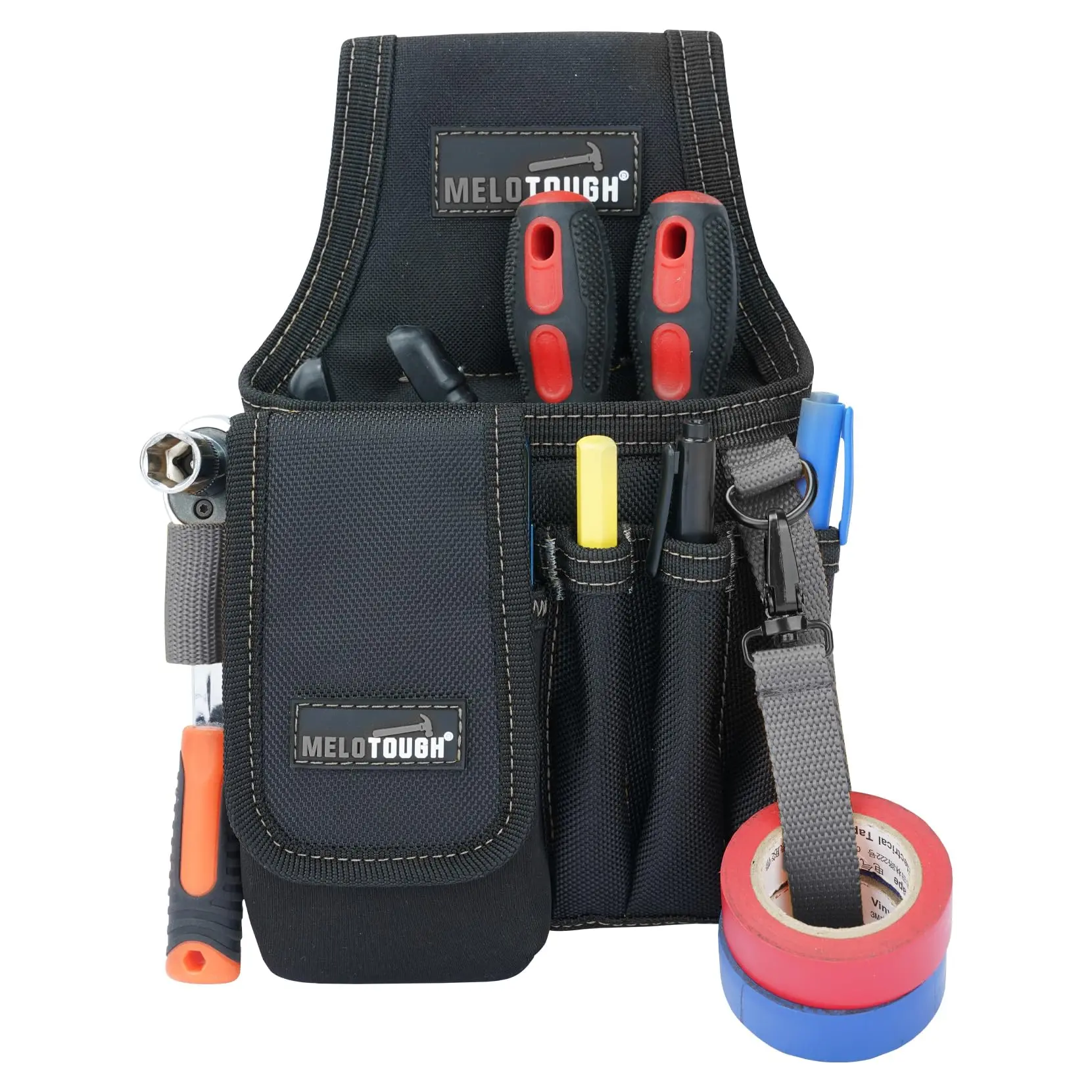 MELOTOUGH Small Tool Pouch with Belt Clip, Pocket Tool Belt Pouch,Electrician Clip on Tool Pouch, Multi-Pocket Tool Organizer for Electrician Construction（Red）