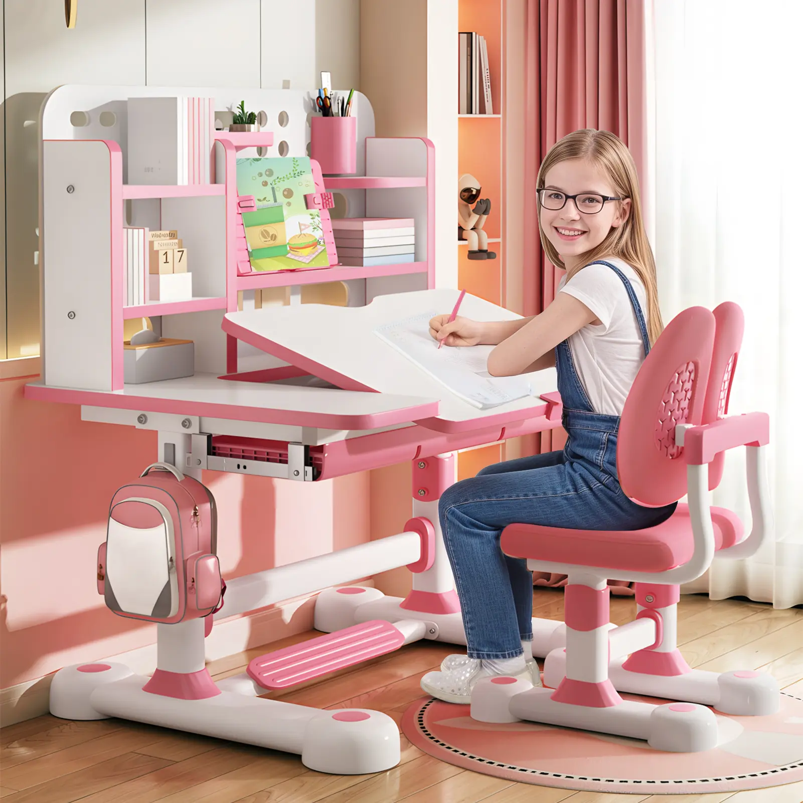 Kids Function Desk Chair Set,Height Adjustable Children School Table Chairs Set with Partition Design,Bookstand,Drawer,Ergonomic Desk Chair with Wide Writing Board,Sitting Corrector, Furniture, Study