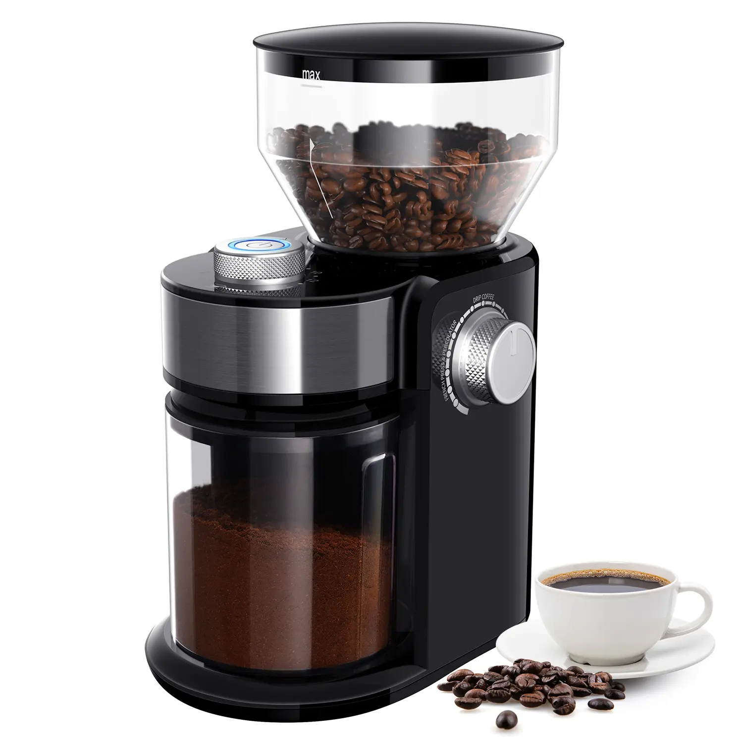 SHARDOR Metallic Full Burr Electric Coffee Grinder for Home Brewers, 16 Adjustable Grind Levels, 2-14 Cups Quantity Selection, Removable Cleanable Parts, US Plug, Cleaning Brush, Overheat Safe, Black & Silver, 16 Levels