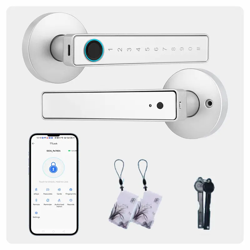 Keyless Smart Lock with Handle - 100 User Password Capacity, 4 Unlocking Methods (Password, Key, Card, App Drawing), AA Battery-Powered, Suitable for Homes, Offices, Rental Properties