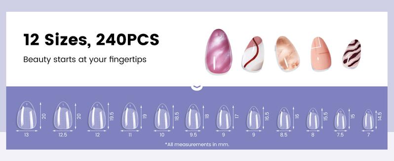 Almond Nail Tips 240Pcs, Small Soft Gel Fake Nails with 12 Sizes, Full Cover Clear Press On Nails for Girls, DIY Nail Extension at Home or Salon