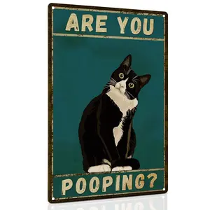 POPPY Bathroom Sign Tuxedo Cat Wall Decor Funny Metal Sign 8x12 Inch - Are You Pooping - Wall of Glory Decor Black Cat Sign