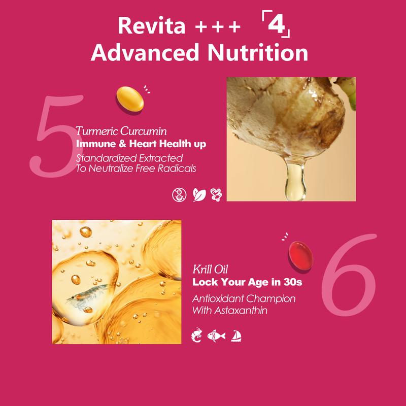 RevitaPlus Beautypack Women’s Daily Supplement Pack Multivitamin Calcium Magnesium Cranberry Probiotics Turmeric Collagen Krill Oil for Skin Hair Anti-aging Stress Support 30-Day Wellness Dietary Collagen - Collagen