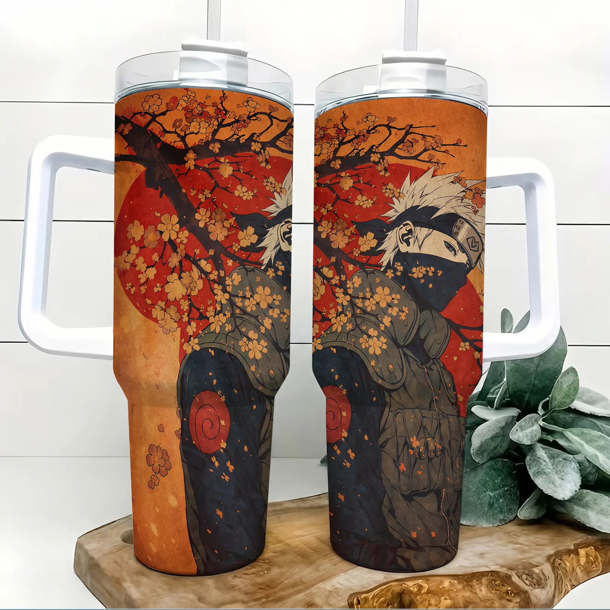 Naruto Kakashi Anime 40oz Tumbler with Handle and Straw Japanese Ninja Cherry Blossom Art Anime Water Bottle Insulated Stainless Steel Travel Mug Cute Anime Cup Coffee Cup Gift for Teens Students Collectors