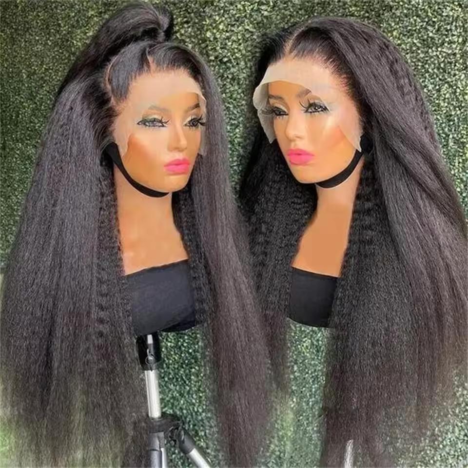 Bling Hair 180 Density Kinky Straight Glueless 360 Lace Frontal Wigs for Black Women 13x6 HD Lace Frontal Wig Preplucked Natural Black Color Soft Healthy Full Density