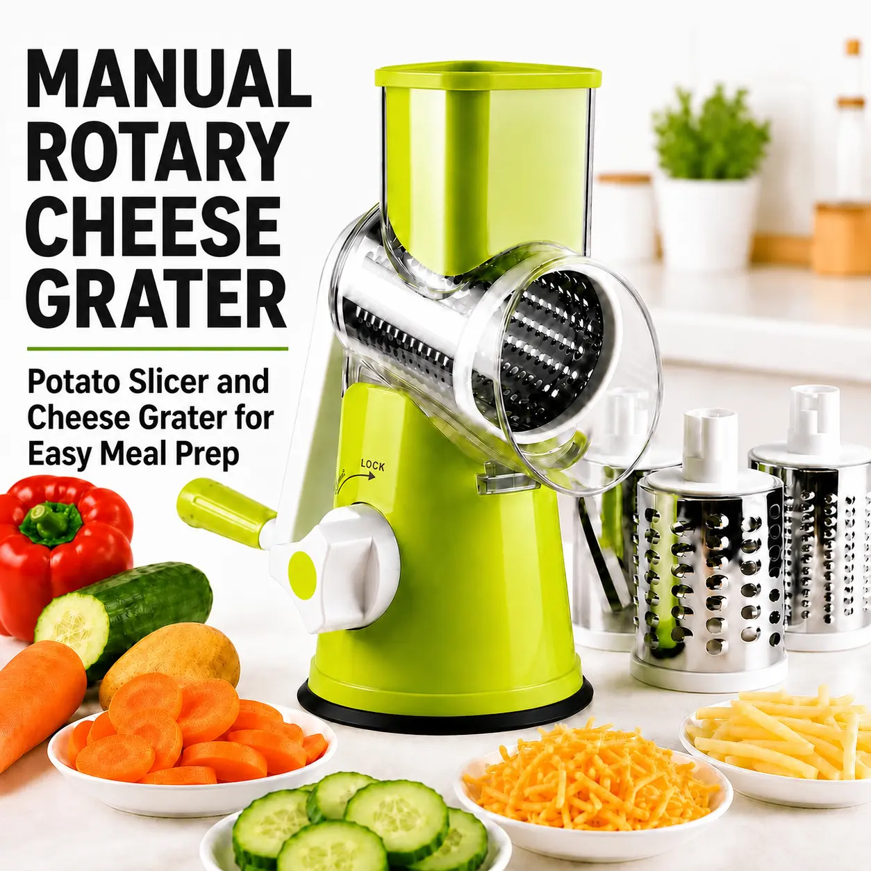MIUVA  labor-saving handle Manual Rotary Potatoes Slicer - Compact Stainless Steel Drum Blade Cutter, Vegetable Cutting Slicer, Cheese Grater, Hand Crank Shredder for Salads, Snack Prep, Home Kitchen Use