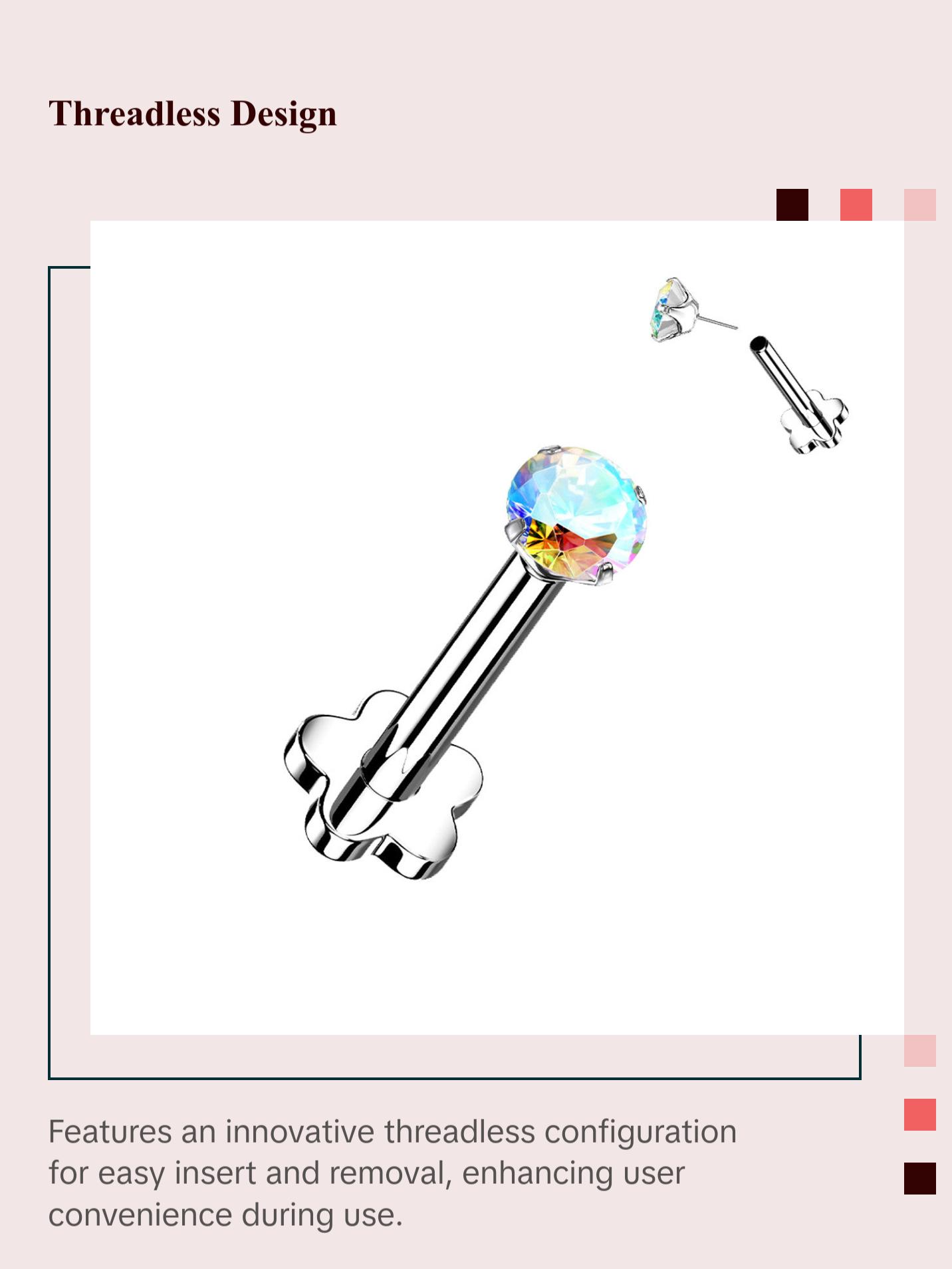 Titanium Monroe / Labret Stud Ring 18 Gauge Threadless Gem Flower Back Titanium Monroe / Labret Stud Ring 18 Gauge Threadless Gem Flower Back