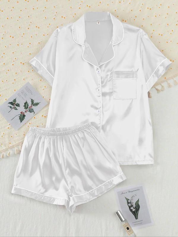 【Valentine's Day】Women's Two-piece Shirt & Shorts Satin Pajamas Set, Ladies Summer Sleepwear