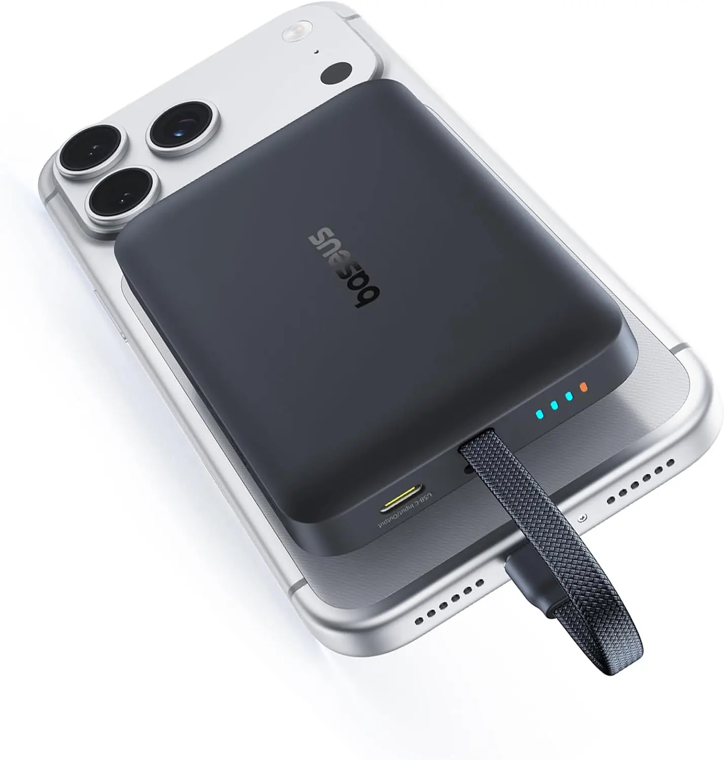 Baseus MagSafe 10000mAh 30W Magnetic Power Bank with Silicone Pad, Built-in Braided USB-C Cable, Multi-Charge Fast Charging Portable Charger for iPhone 17 Pro Max/Air/16/15/14/13, AirPods, iPad
