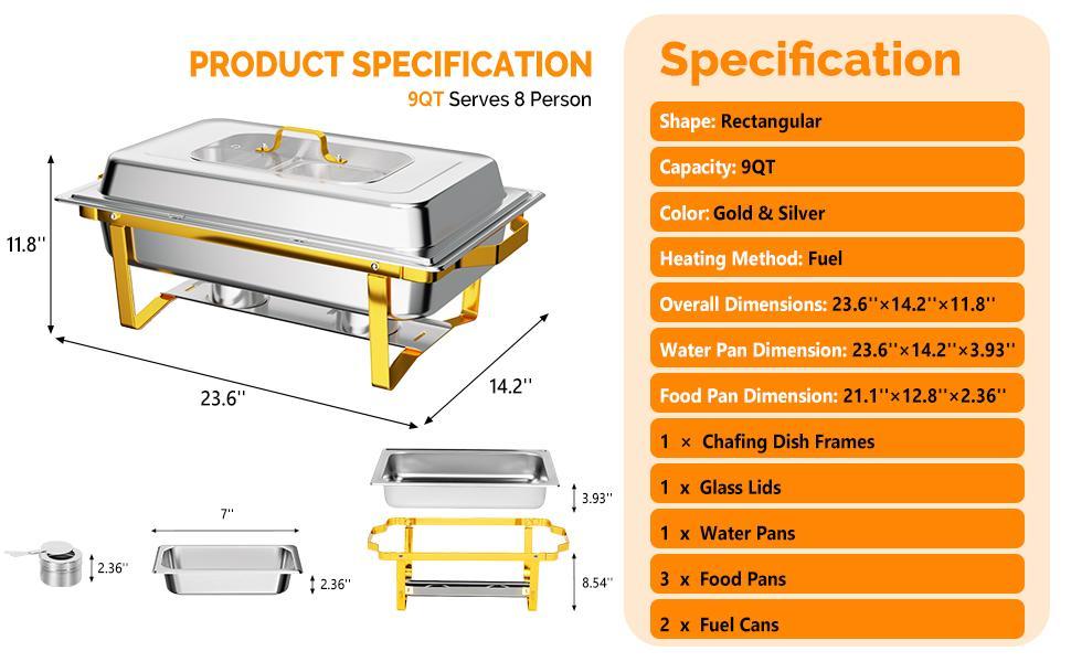 ROVSUN Gold Chafing Dishes for Buffet, 9QT Chafing Dish Buffet Set with Glass Lid, Stainless Steel Buffet Servers and Warmers with Folding Frame & 3 1/3 Size Pan for Parties Weddings Catering Events