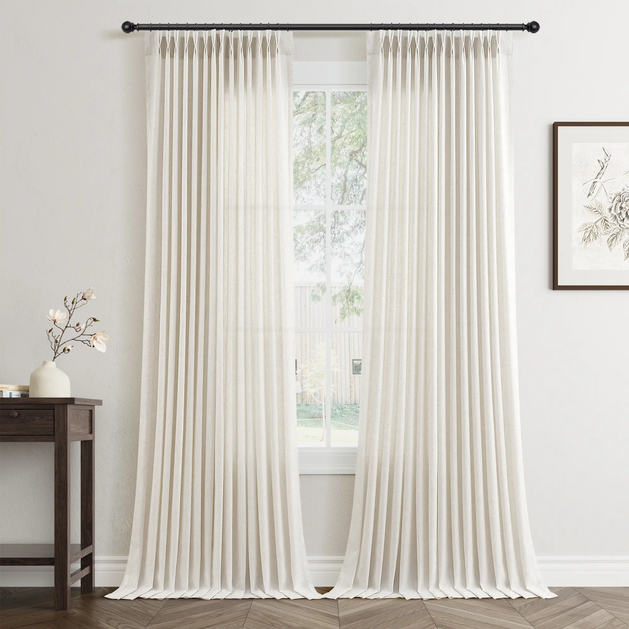 JOWELS Hanging 2-Panel Pinch Pleat Curtains, Pinch Pleat Design, Upgraded Linen Open Weave Fabric, Semi-Sheer Look Adds Airy Softness, Light Filtering & Privacy Drapes with Back Tab Hooks Rings, Farmhouse Bedroom Curtains