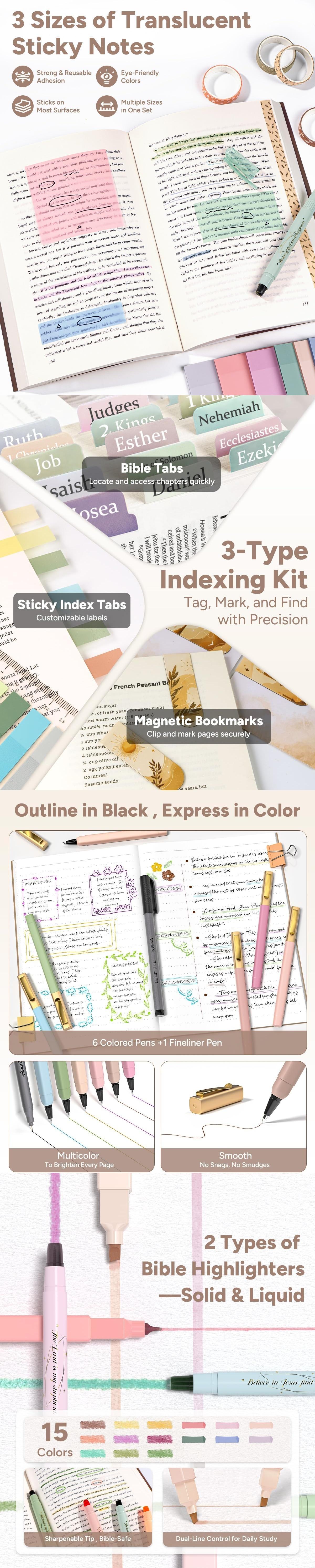 WEMATE 76 PCS Bible Study Supplies with Bible Case, 15 No Bleed Bible Highlighters and Pens, Washi Tape, Transparent Sticky Notes, Prayer Cards, Annotation Journaling Kit Gift for Women, Aesthetic Accessories Set Notebook Pastel Markers Pencil Bag