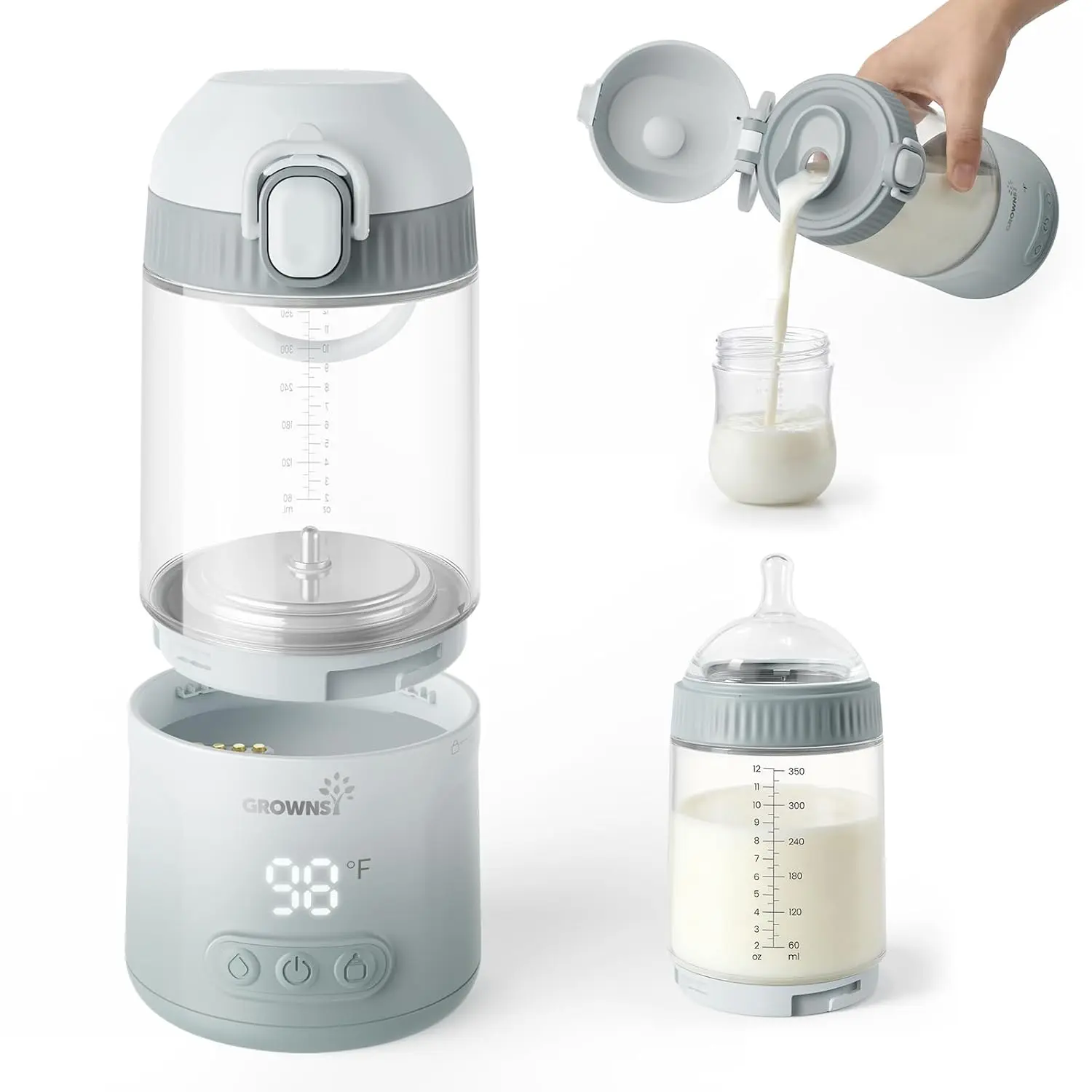 Grownsy Portable Bottle Warmer On the Go, Detachable Travel Milk Warmer with Nipple for Direct Feeding, Dual Heating Modes for Breastmilk&Formula, Fast Baby Bottle Warmer, Long Battery Life,Baby Stuff