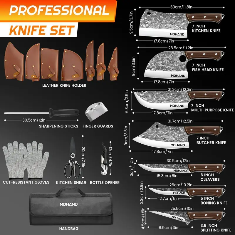 Knife sizes and accessories shown with the full knife set