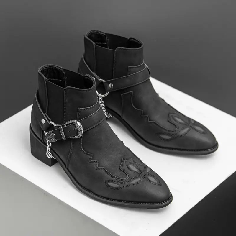 Men's Black western Chelsea boots with embroidered decorations, high-heeled ankle boots, anti-slip square toe thick-soled ankle boots, durable and fashionable retro classic walking shoes and footwear, unisex shoes for daily wear campingessentials