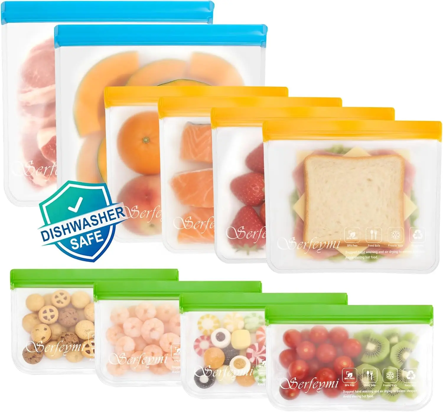 Serfeymi 10 Pack Reusable Gallon Freezer Bags Dishwasher Safe, Extra Thick Reusable Plastic Bags BPA Free, Leak Proof Food Storage Bags with 3 Sizes for Meat, Travel - 2 Gallon 4 Sandwich 4 Snack