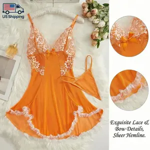 Luxury Contrast Lace Chemise Nightgown Set for Women, Sexy V-Neck Spaghetti Strap Sleep Dress with Bow Accent, Soft Breathable Mesh Fabric, Elegant Lace Trim Hem, Perfect for Loungewear, Bedtime & Romantic Occasions, Ideal Gift for Her