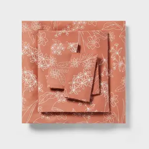 King Easy Care Cotton Blend Sateen Sheet Set Rust Floral - Room Essentials: 225 Thread Count, Botanical Pattern, King Size