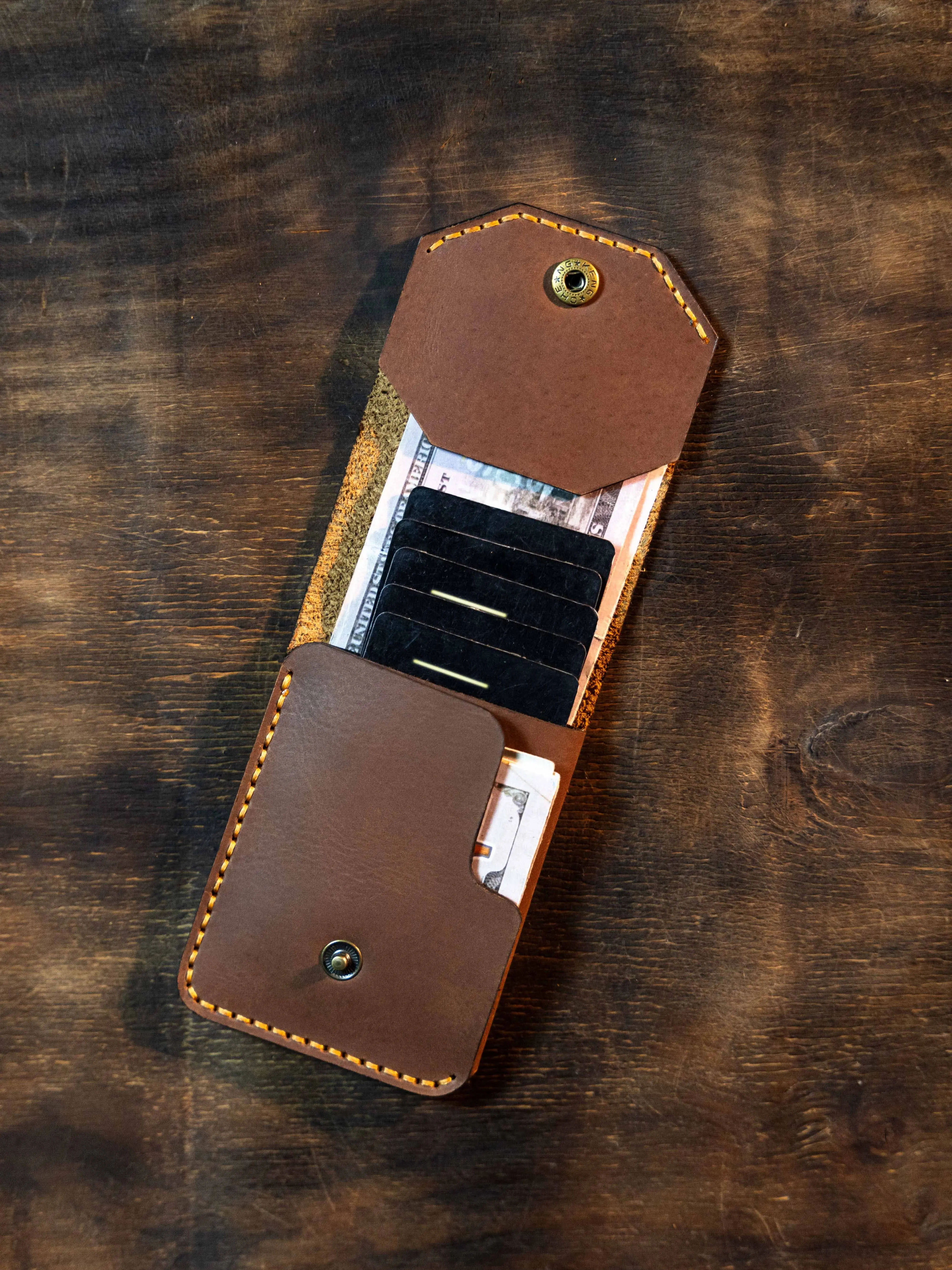 Handmade Leather Bifold Wallet for Men, Elegant Minimalist Slim Card Holder with Flap Closure and Burnished Edges, Anniversary Gift for Husband, Boyfriend, Pull Up, Button, Do Not Wash, All Season, Basic, Lightweight, Plain, Slit Pocket